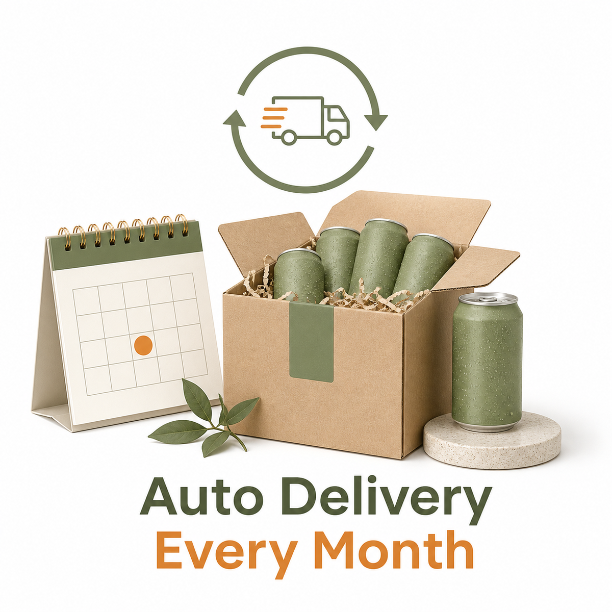 Box of green cans, calendar, and leaf with 'Auto Delivery Every Month' text on a white background