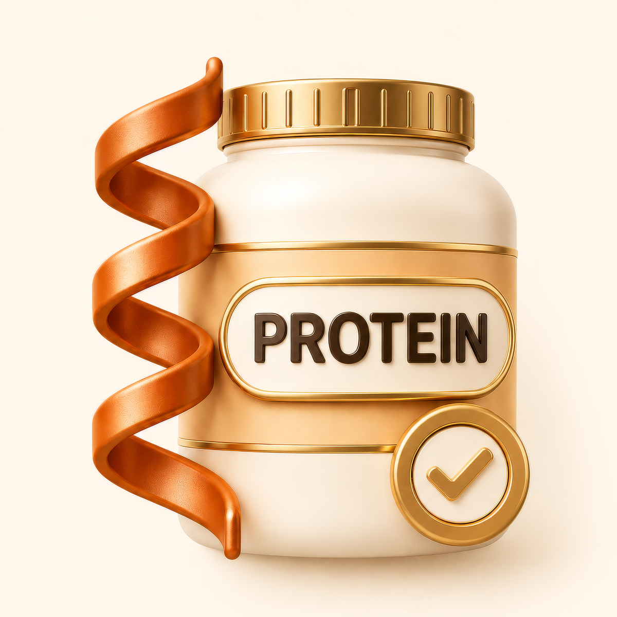 Protein supplement jar with a gold label and ribbon showing complete protein