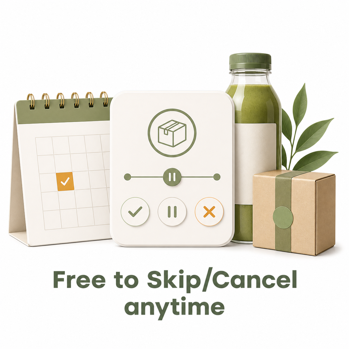Calendar, packaging, bottle, and box with green accents on a white background