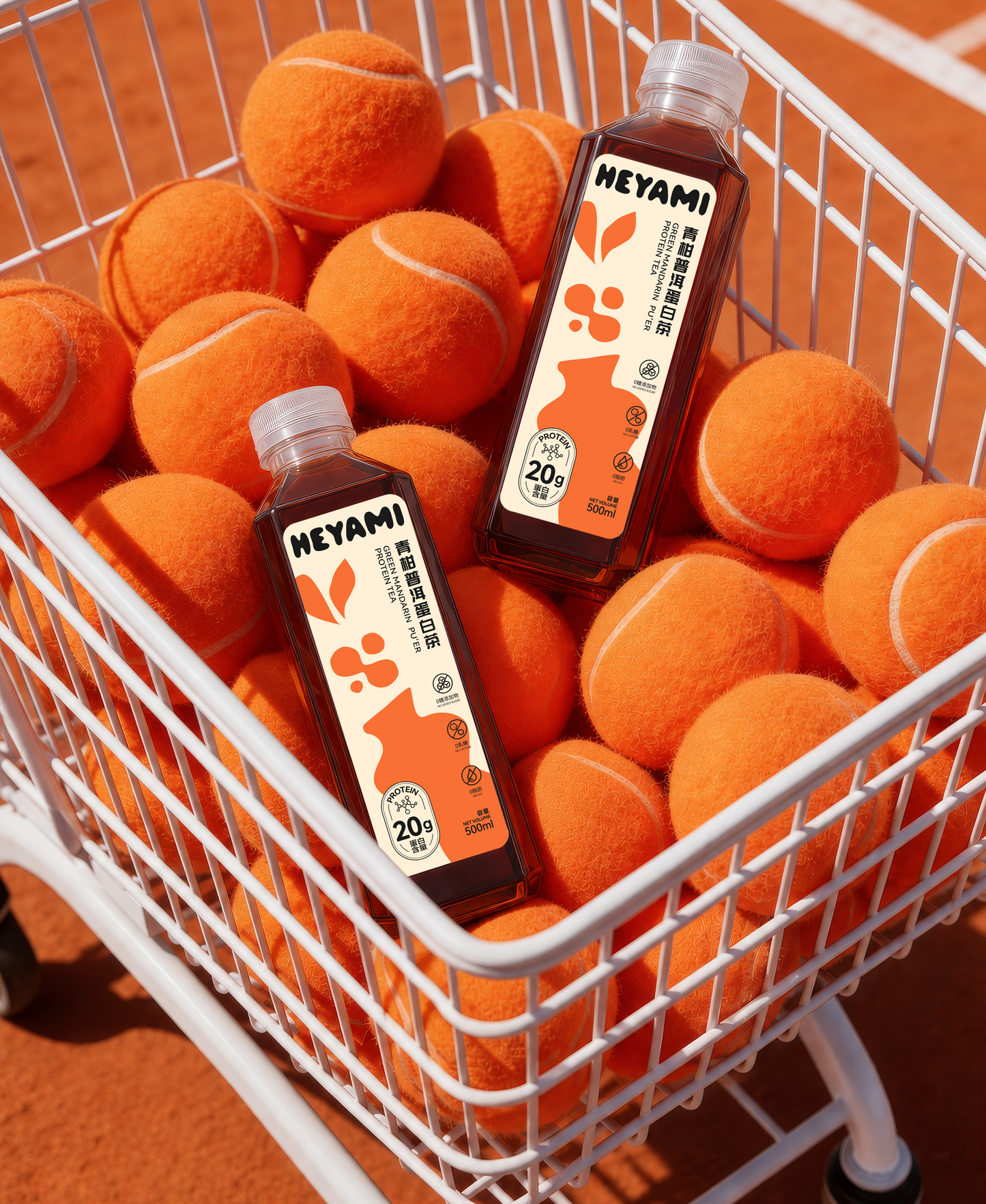 Two bottles of HEYAMI on tennis balls in a shopping cart.