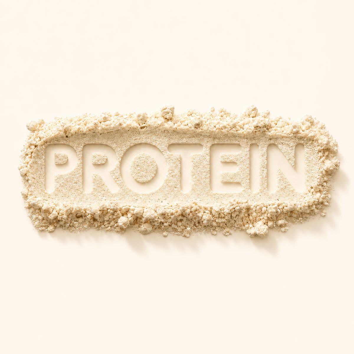 Protein powder in the shape of a tablet with 'PROTEIN' spelled out on a light background