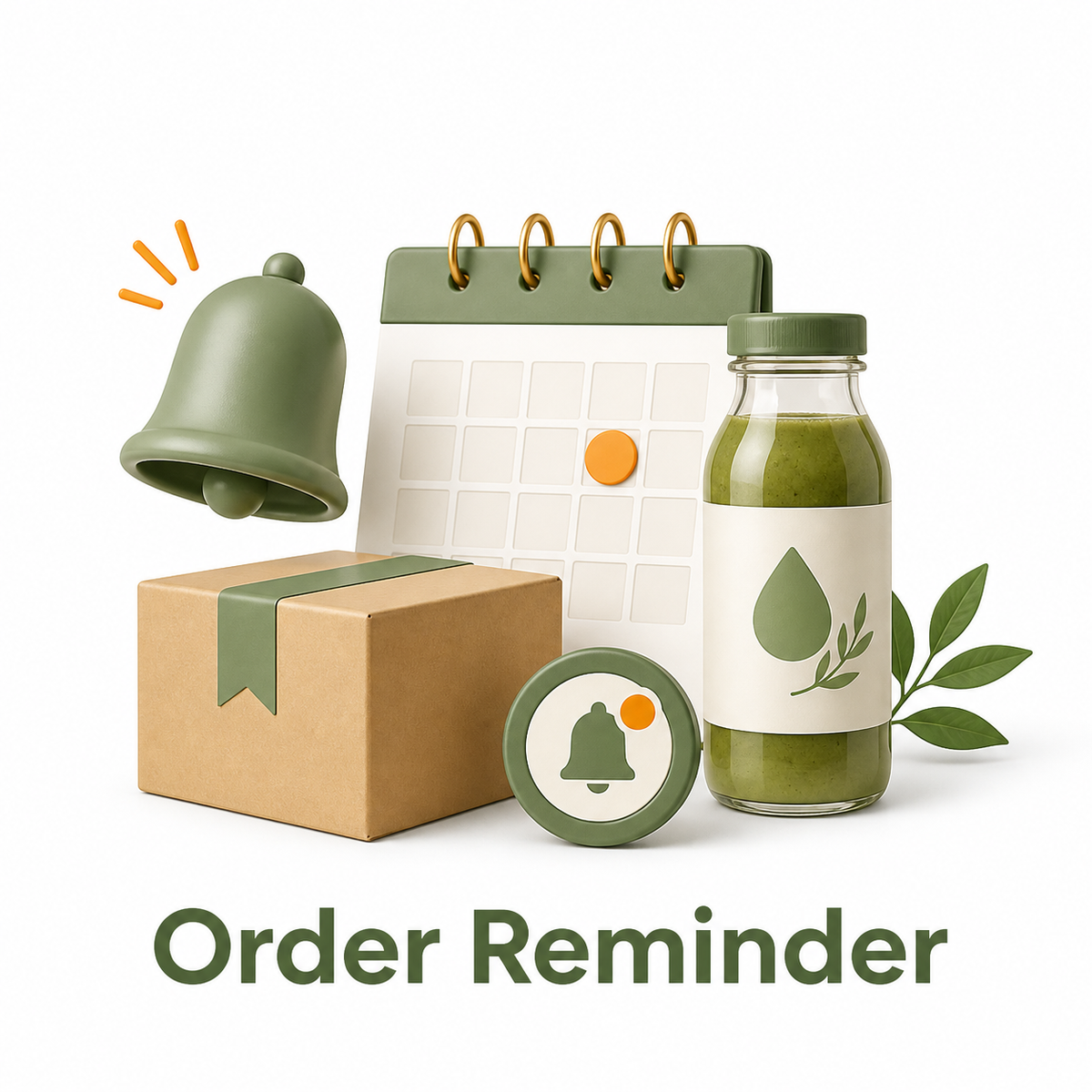 Green bell, calendar, box, and jar with leaf design on a white background, labeled 'Order Reminder'.