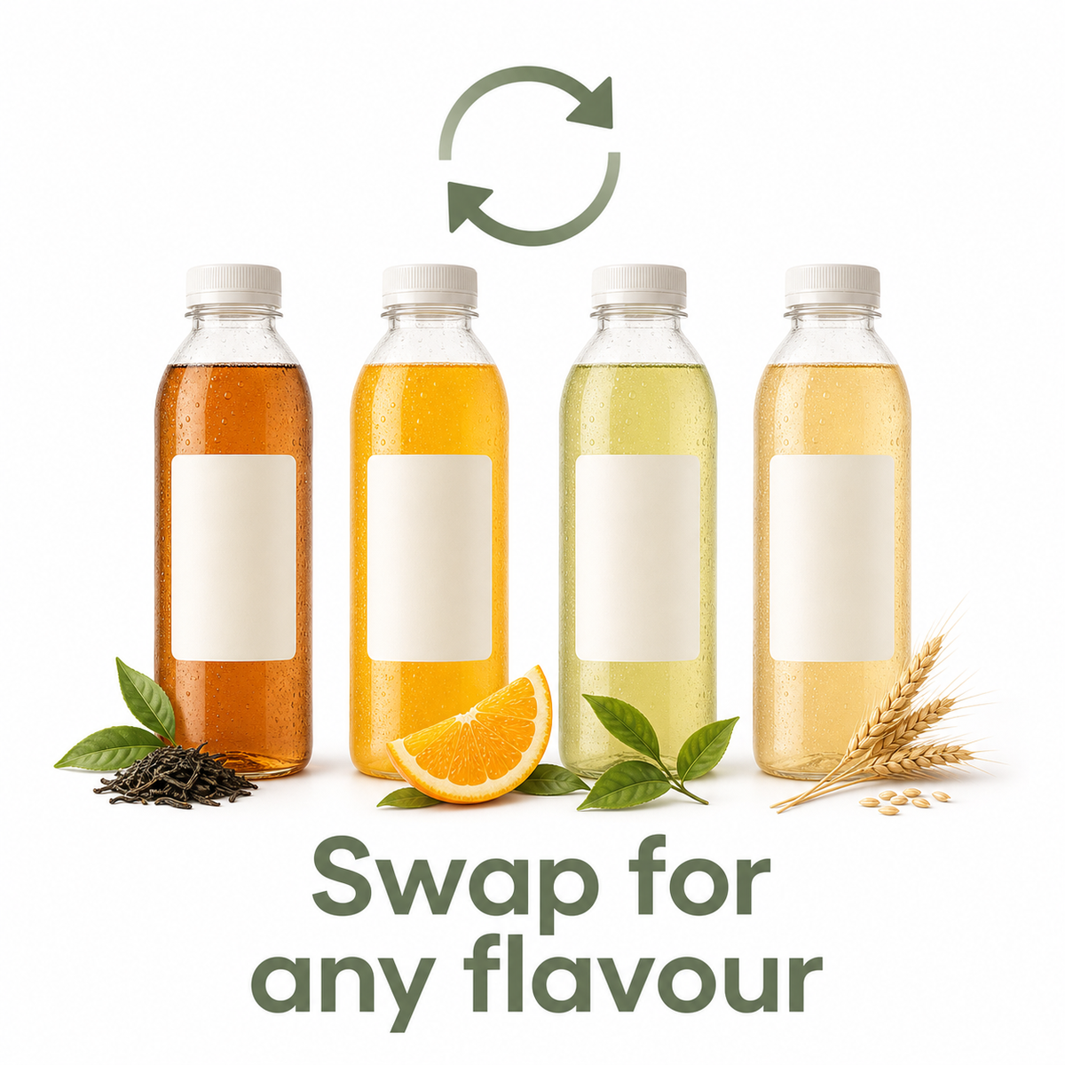 Four bottles of different colored liquids with labels, surrounded by tea leaves, an orange, and wheat grains on a white background.
