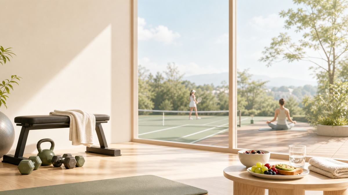 A modern fitness room with a black weight bench, dumbbells, and a yoga mat, overlooking a sunny outdoor scene where two people are playing tennis on a court.