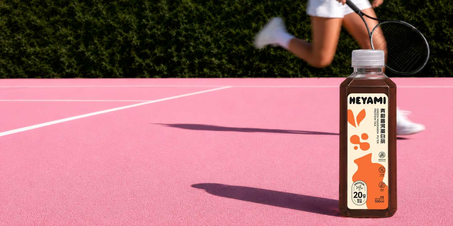 HEYAMI bottle on a tennis court with a player in the pink background